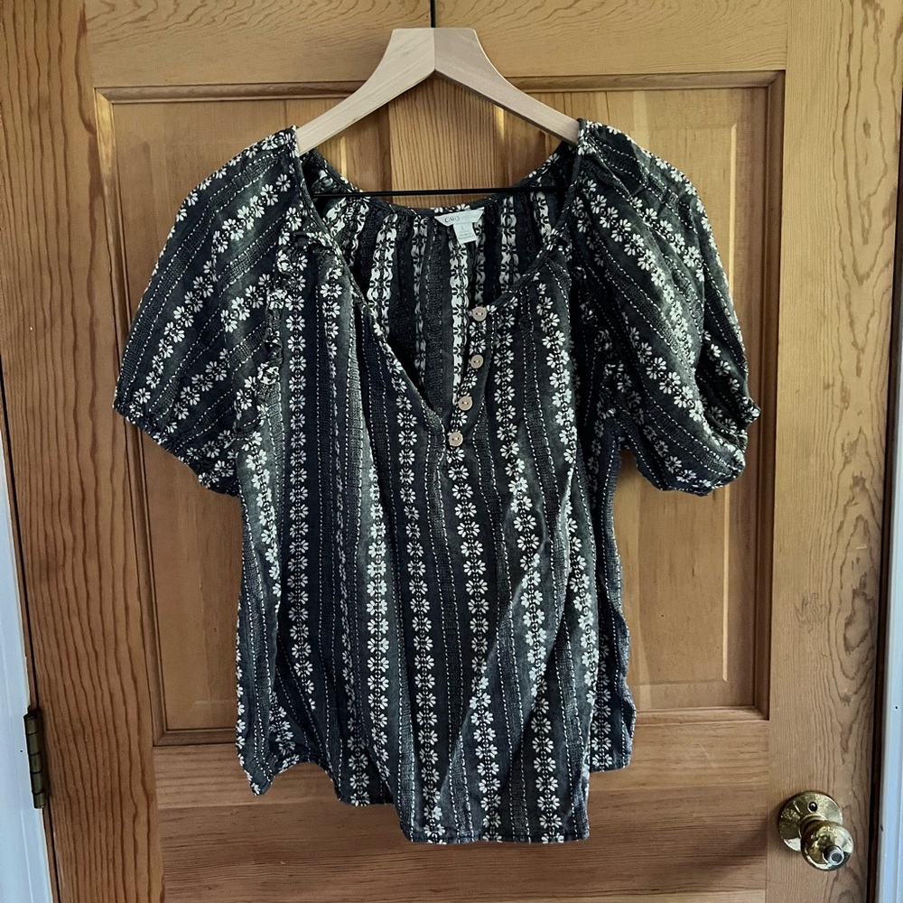 Cato Large Women’s Blouse Gray Cottagecore Casual Core Embroidered Floral